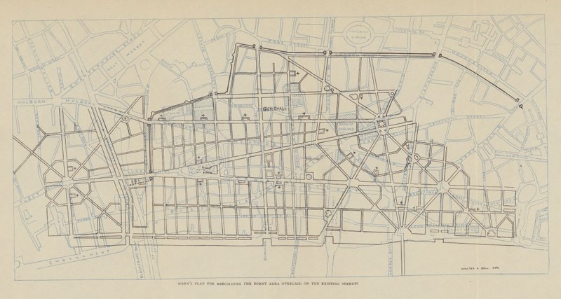 Plan de Sir Christopher Wren pour reconstruire la zone brûlée superposé aux rues existantes - Christopher Wren