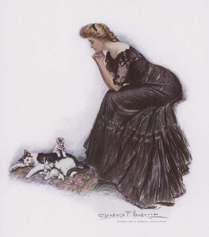 Femme regardant un chat et ses chatons - Clarence F. Underwood
