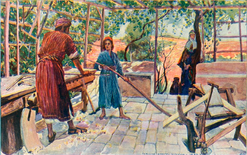 Jésus travaillant à la maison avec Joseph et Marie - Corwin Knapp Linson