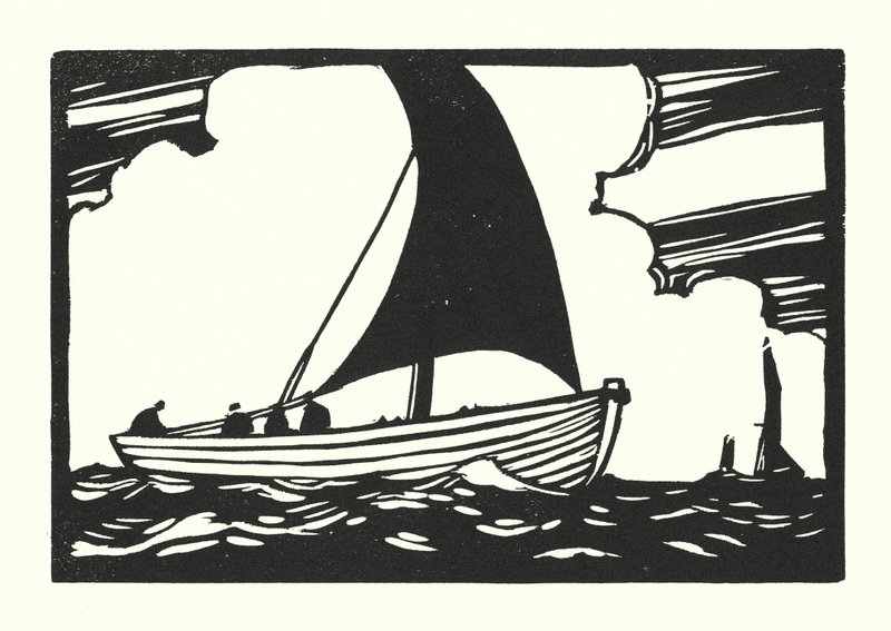 Bateaux de pêche et barges : Deal Galley Punt (gravure sur bois) - Cyril A. Wilkinson