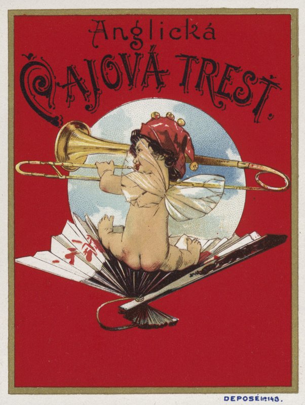 Étiquette de produit représentant un chérubin jouant du trombone - Czech School