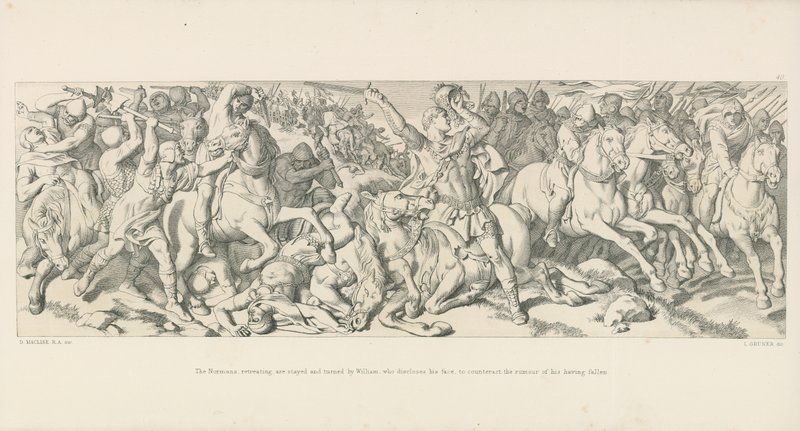 Les Normands, en retraite, sont arrêtés et retournés par Guillaume, qui dévoile son visage pour contrer la rumeur de sa chute - Daniel Maclise