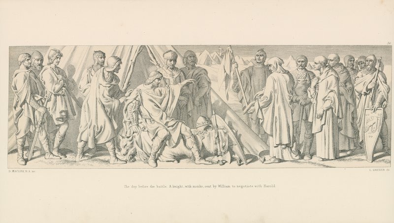 La veille de la bataille. Un chevalier, avec des moines, envoyé par Guillaume pour négocier avec Harold - Daniel Maclise