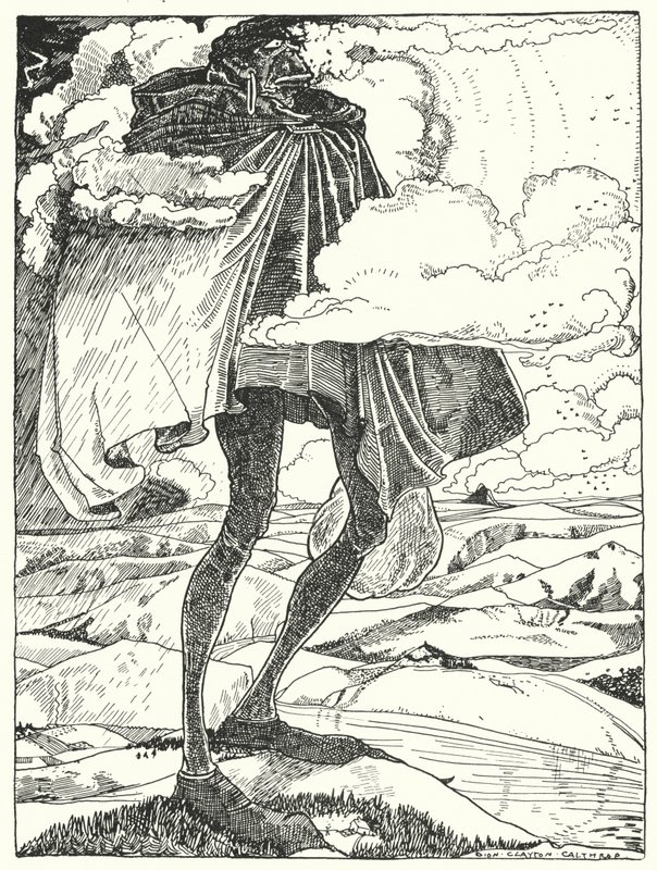 « Nous avons vu le Géant marcher sur les sommets des collines, portant son dîner dans un sac » (gravure) - Dion Clayton Calthrop