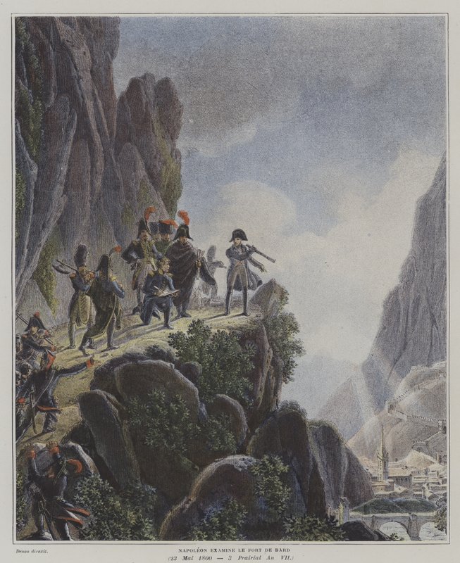 Napoléon examinant le Fort Bard, Italie, 23 mai 1800 (lithographie en couleur) - Dominique Vivant (after) Denon