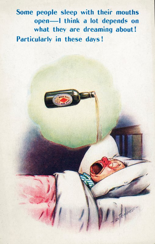 Alcoolisme : homme dormant la bouche ouverte et rêvant de bière (lithographie couleur) - Douglas Tempest