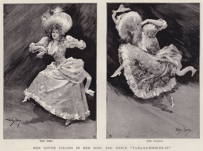 Chanteuse et danseuse de music-hall anglaise Lottie Collins interprétant sa chanson populaire Ta-Ra-Ra-Boom-De-Ay - Dudley Hardy