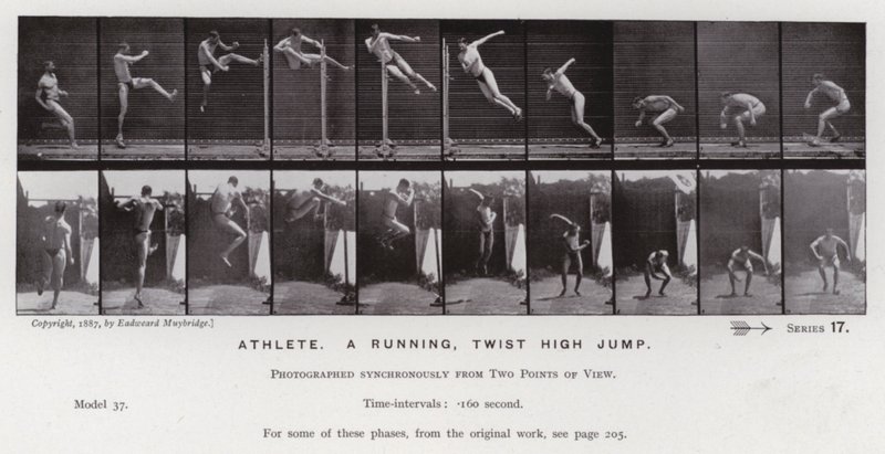 La figure humaine en mouvement : Athlète, saut en hauteur avec torsion - Eadweard Muybridge