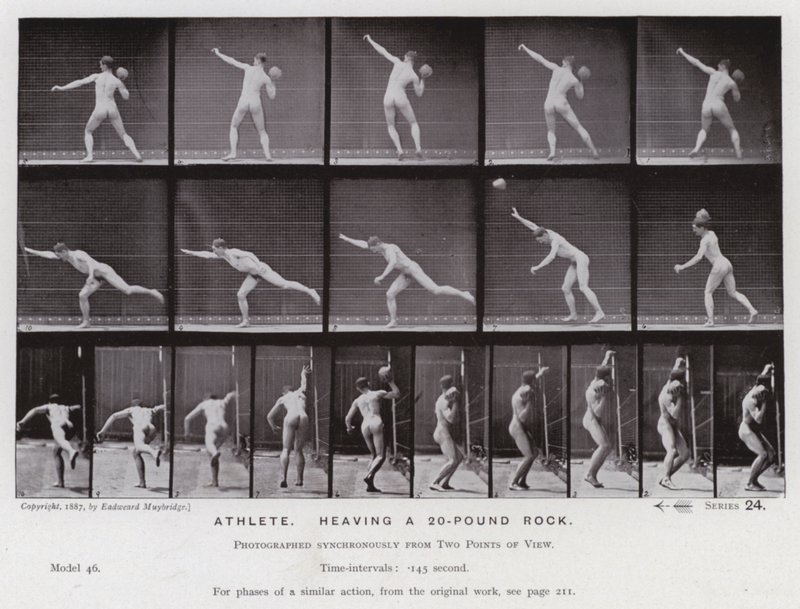 La figure humaine en mouvement : Athlète lançant un rocher de 20 livres - Eadweard Muybridge