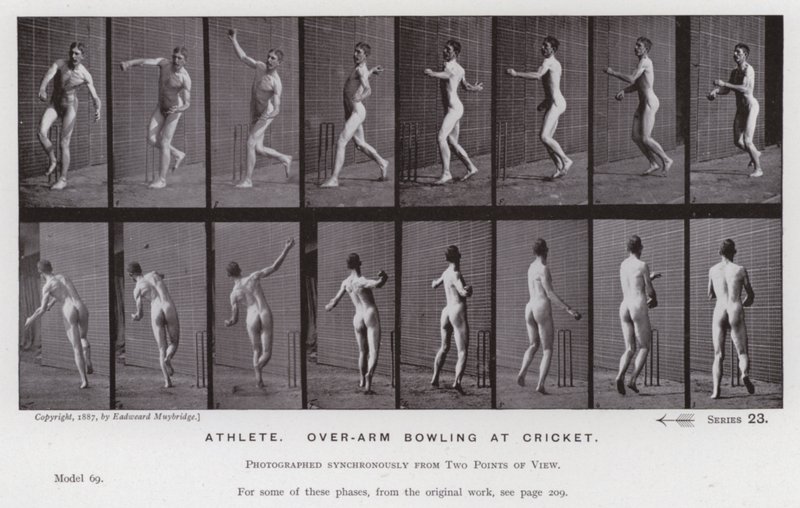 La figure humaine en mouvement : Athlète, lancer par-dessus le bras au cricket - Eadweard Muybridge