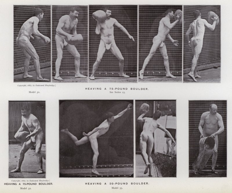 La Figure Humaine en Mouvement : Soulever un rocher de 75 livres ; Soulever un rocher de 20 livres - Eadweard Muybridge