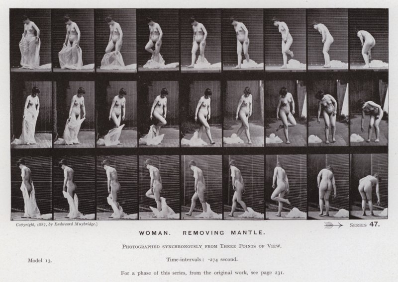 La figure humaine en mouvement : Femme, enlevant un manteau - Eadweard Muybridge