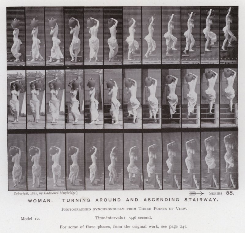 La figure humaine en mouvement : Femme, tournant et montant un escalier (photo n/b) - Eadweard Muybridge
