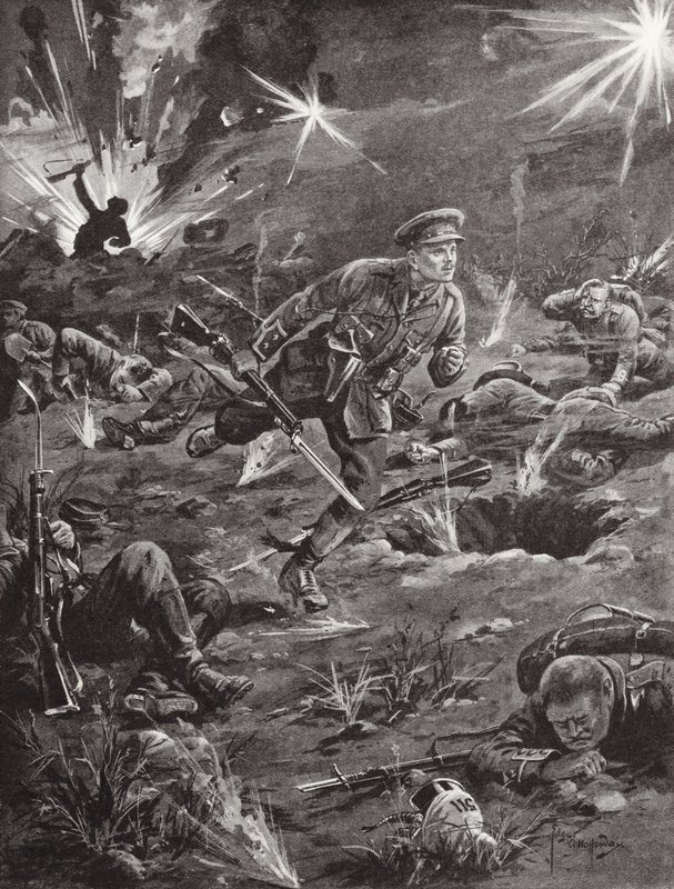 Lieutenant Benjamin Geary se précipitant, sous un feu nourri, vers une tranchée à droite de la Colline 60 pour entrer en contact avec un officier, Ypres, Belgique, avril 1915 - Edgar Alfred Holloway