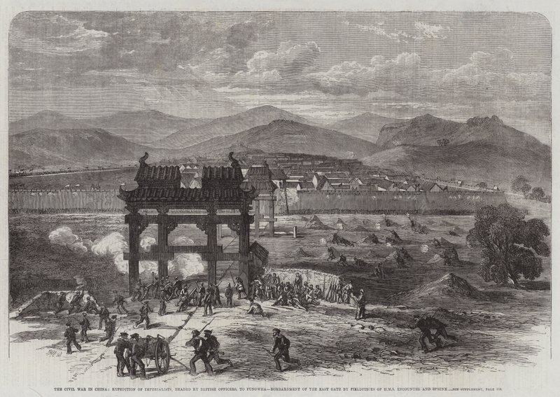 La guerre civile en Chine, expédition des impérialistes, dirigée par des officiers britanniques, à Fungwha, bombardement de la porte Est par les pièces de campagne du HMS Encounter et Sphinx - Edmund Morison Wimperis