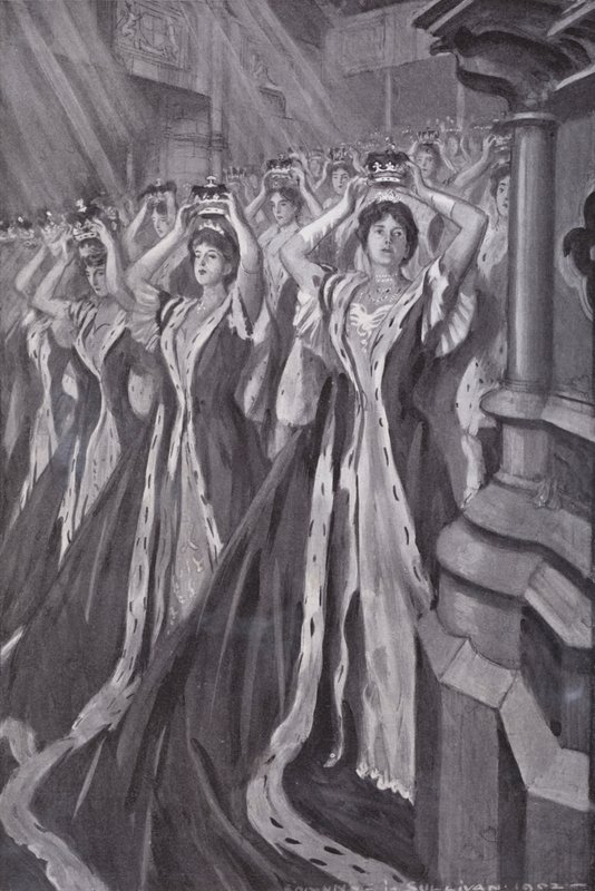 Pairies mettant leurs couronnes lors du couronnement de la reine Alexandra, épouse du roi Édouard VII, abbaye de Westminster, Londres - Edmund Joseph (after) Sullivan