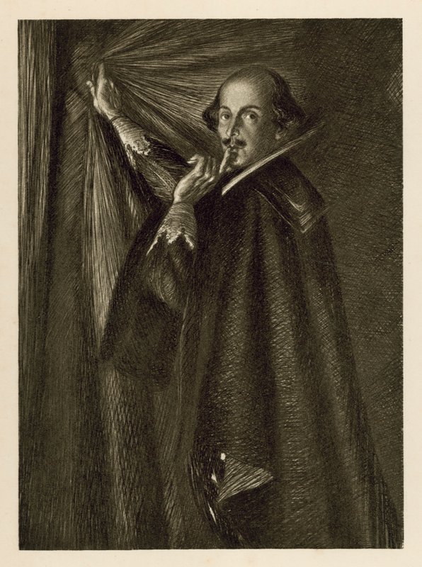 William Shakespeare tenant le rideau et nous demandant de nous taire - Edmund Joseph Sullivan