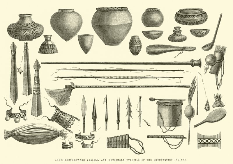 Armes, récipients en terre cuite et ustensiles ménagers des Indiens Chontaquiro - Edouard Riou
