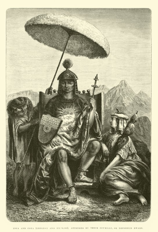 Inca et Coya (empereur et impératrice), assistés de leur Ccumillu, ou nain difforme - Edouard Riou