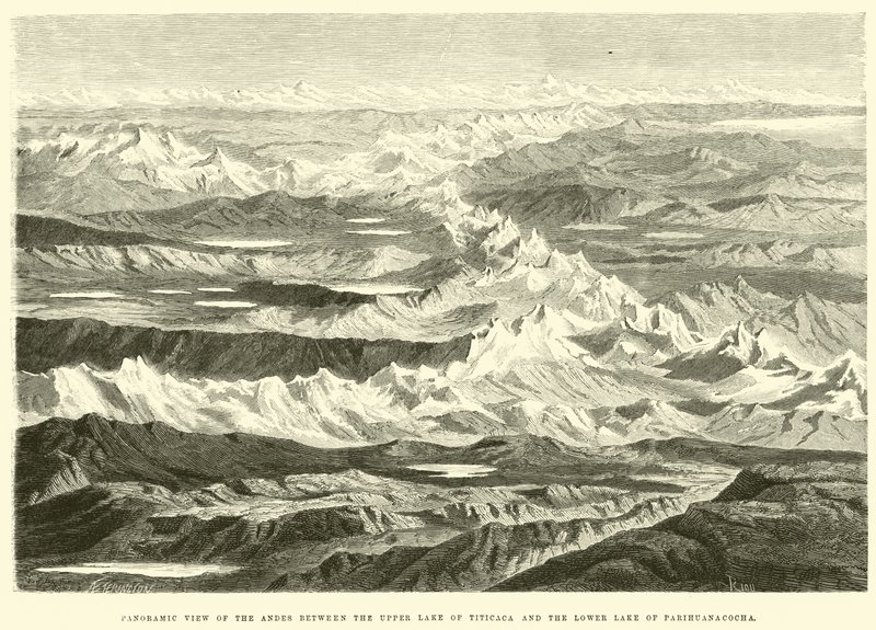 Vue panoramique des Andes entre le lac supérieur de Titicaca et le lac inférieur de Parihuanacocha - Edouard Riou