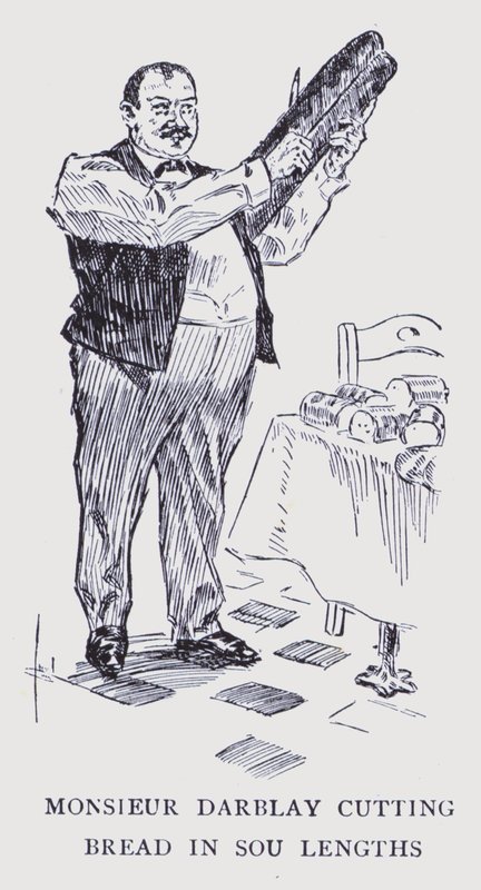 Paris bohème : Monsieur Darblay coupant le pain en longueurs de sou (litho) - Edouard Alfred (1875 1954) Cucuel
