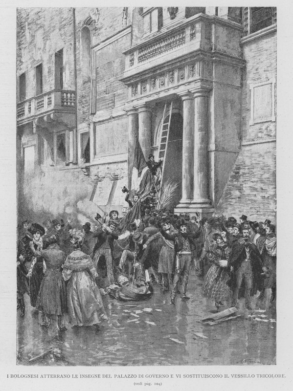 I Bolognesi Atterrano Le Insegne Del Palazzo Di Governo E Vi Sostituiscono Il Vessillo Tricolore (gravure) - Edouardo Matania