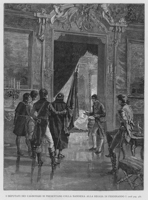 Les députés des Carbonari se présentent avec le drapeau au palais de Ferdinand Ier (gravure) - Edouardo Matania