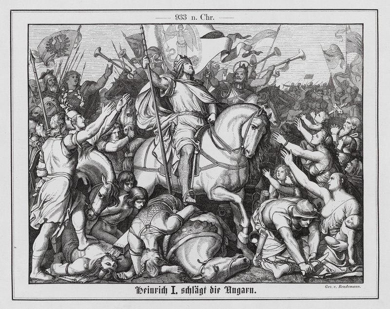 Henri Ier, roi de Francie orientale, battant les Hongrois à la bataille de Riade, 933 (gravure) - Eduard Bendemann