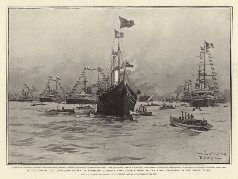 À la fin de la revue du couronnement à Spithead, les amiraux et capitaines se rendant à la réception du roi sur le yacht royal - Eduardo de Martino