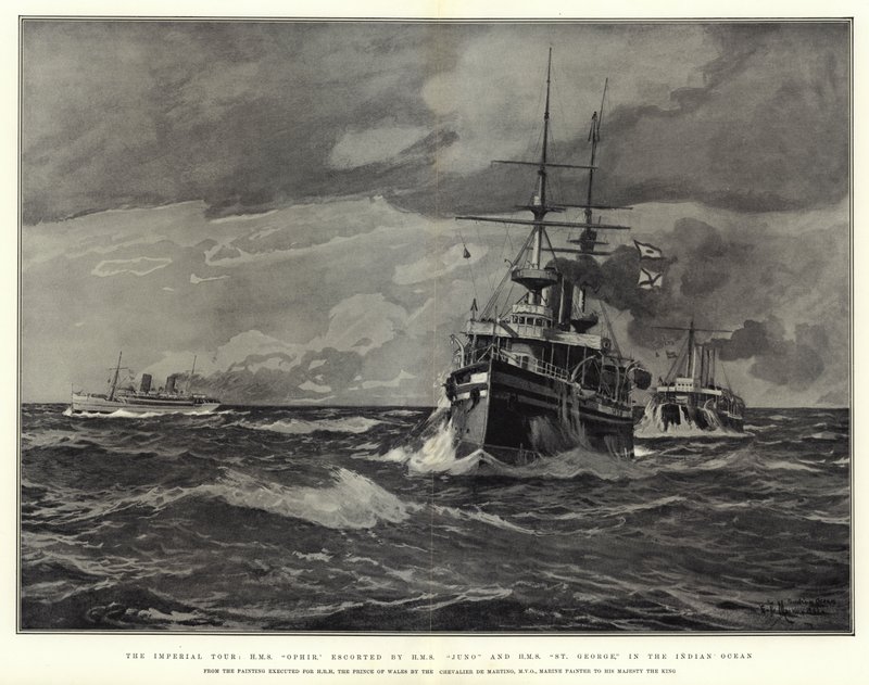 La tournée impériale, H M S Ophir, escorté par H M S Juno et H M S St George, dans l
