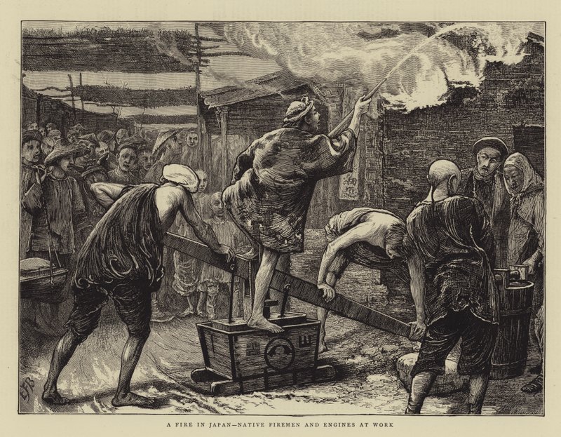 Un incendie au Japon, pompiers et moteurs indigènes au travail - Edward Frederick Brewtnall