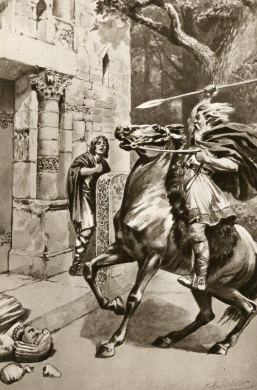 Le grand prêtre Coifi remontant Goodmanham Lane pour écraser les idoles, illustration tirée de "Little Treasure Island" d