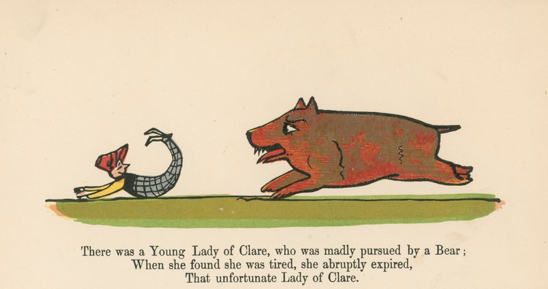Il y avait une jeune dame de Clare, qui était follement poursuivie par un ours, tiré du 