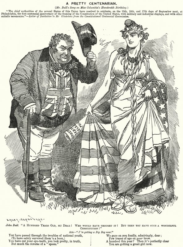 Caricature de Punch : Une Jolie Centenaire - le centenaire de la rédaction de la Constitution des États-Unis - Edward Linley (after) Sambourne