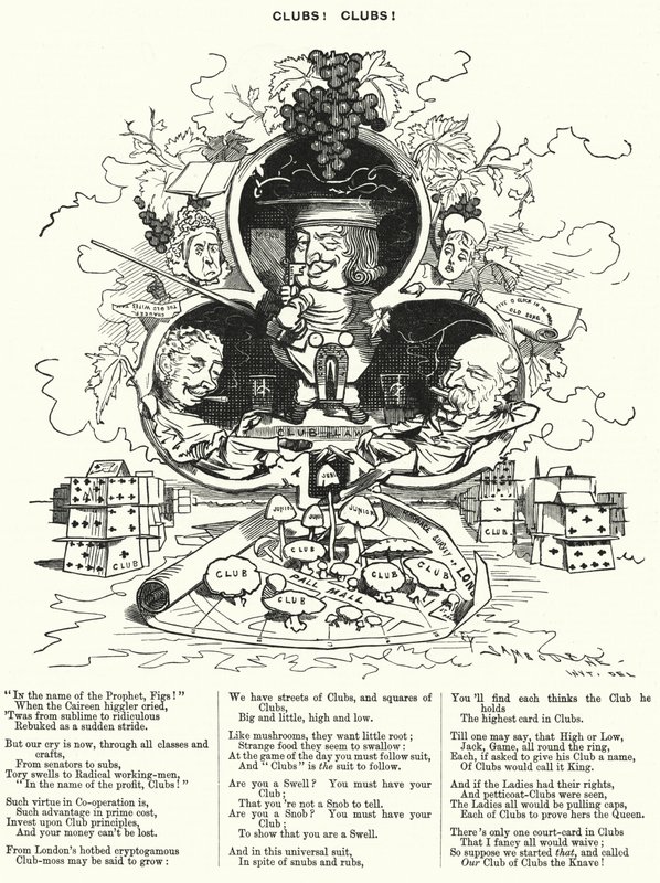 Caricature de Punch : Clubs ! Clubs ! - la profusion de clubs de gentlemen à Londres - Edward Linley (after) Sambourne