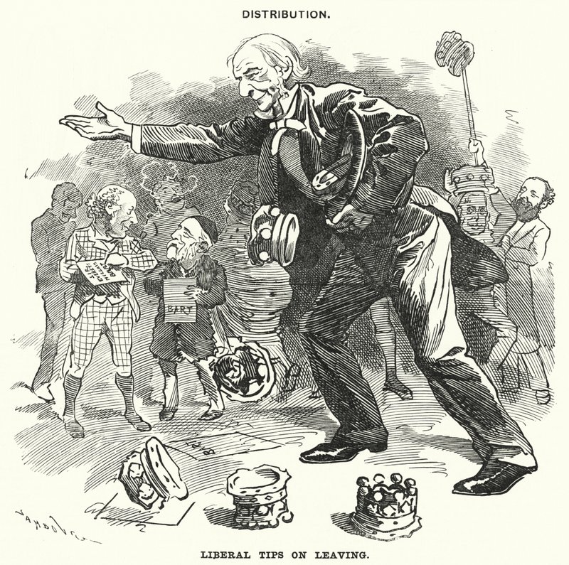 Caricature de Punch : Distribution. Conseils libéraux au départ (gravure) - Edward Linley (after) Sambourne