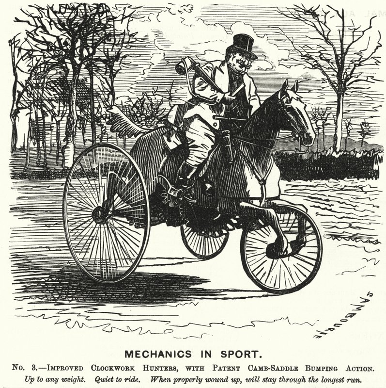 Caricature de Punch : Mécanique dans le sport. No 3. - Chasseurs à ressort améliorés, avec action de selle à bosse brevetée (gravure) - Edward Linley (after) Sambourne