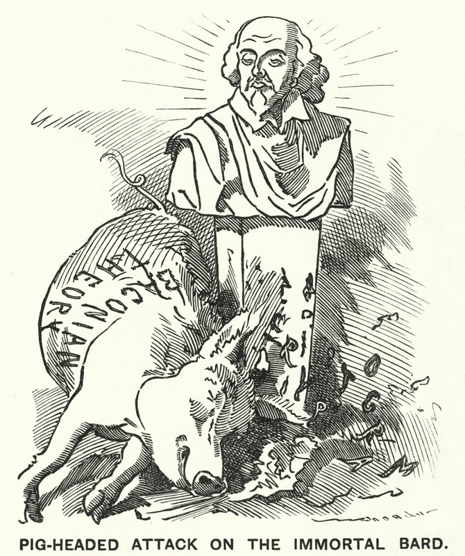 Caricature de Punch : Attaque bornée contre le Barde immortel - la théorie selon laquelle les pièces de William Shakespeare ont été écrites par Sir Francis Bacon - Edward Linley (after) Sambourne