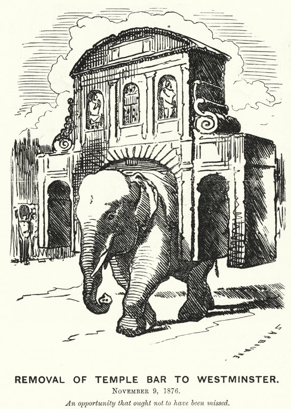 Caricature de Punch : Déplacement de Temple Bar à Westminster - Edward Linley (after) Sambourne
