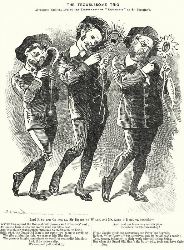 Caricature du Trio Ennuyeux : Lord Randolph Churchill, Henry Drummond Wolff et Ellis Ashmead-Bartlett, hommes politiques conservateurs britanniques (gravure) - Edward Linley (after) Sambourne
