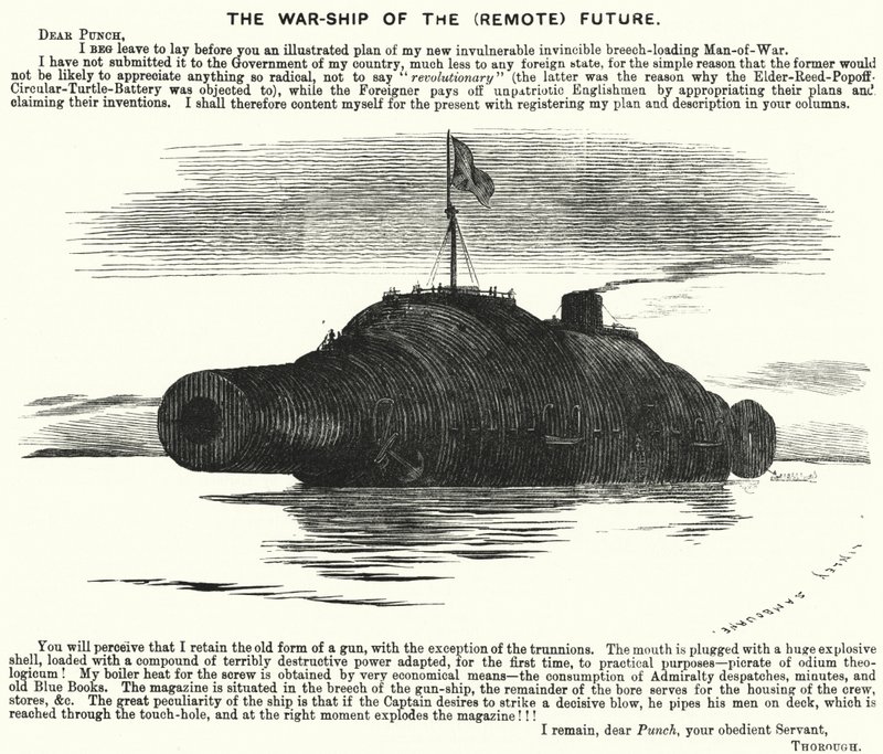 Caricature de Punch : Le navire de guerre du futur (lointain) - Edward Linley (after) Sambourne