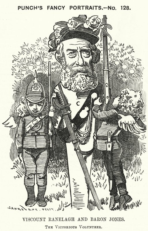 Caricature de Punch : Thomas Heron Jones, 7e vicomte Ranelagh et baron Jones de Navan, promoteur du mouvement des volontaires pour l
