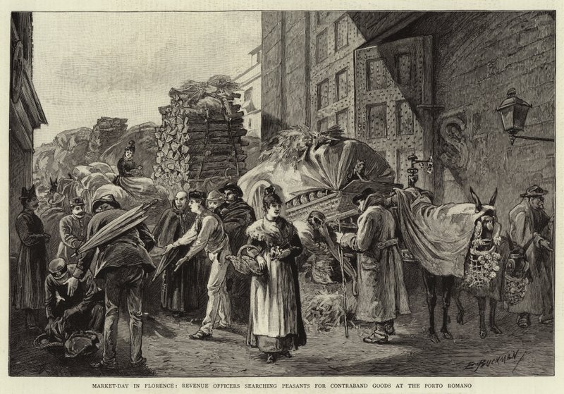 Jour de marché à Florence, les agents des douanes fouillant les paysans pour des marchandises de contrebande au Porto Romano - Edwin Buckman
