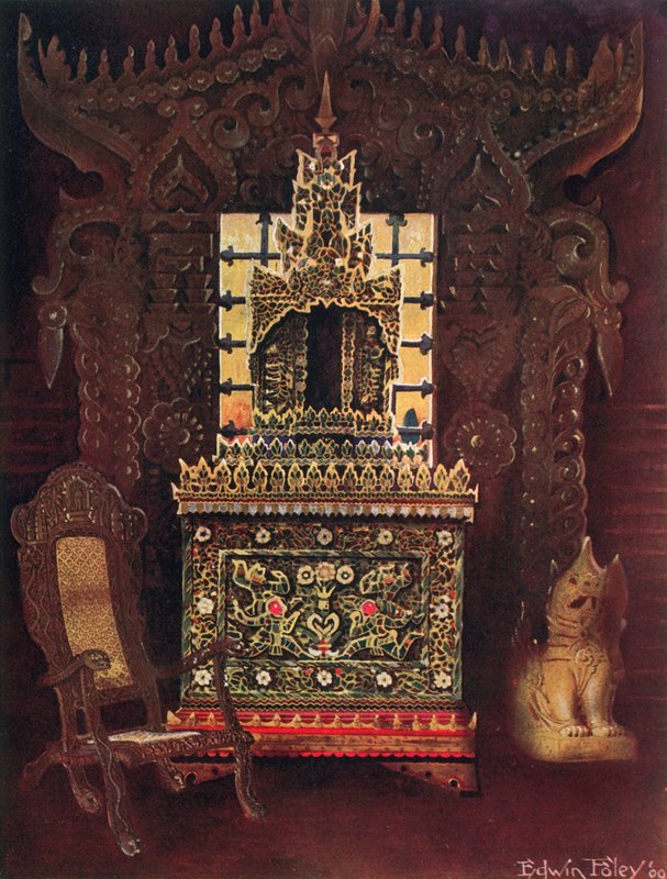 Mobilier asiatique de la collection de Lord Curzon de Kedleston, G.C.S.I., D.C.L., etc. Porte sculptée et dorée birmane de Mandalay. Boîte à manuscrits bouddhiste (Poongyi) et sanctuaire (Sadaik) en bois - Edwin John Foley
