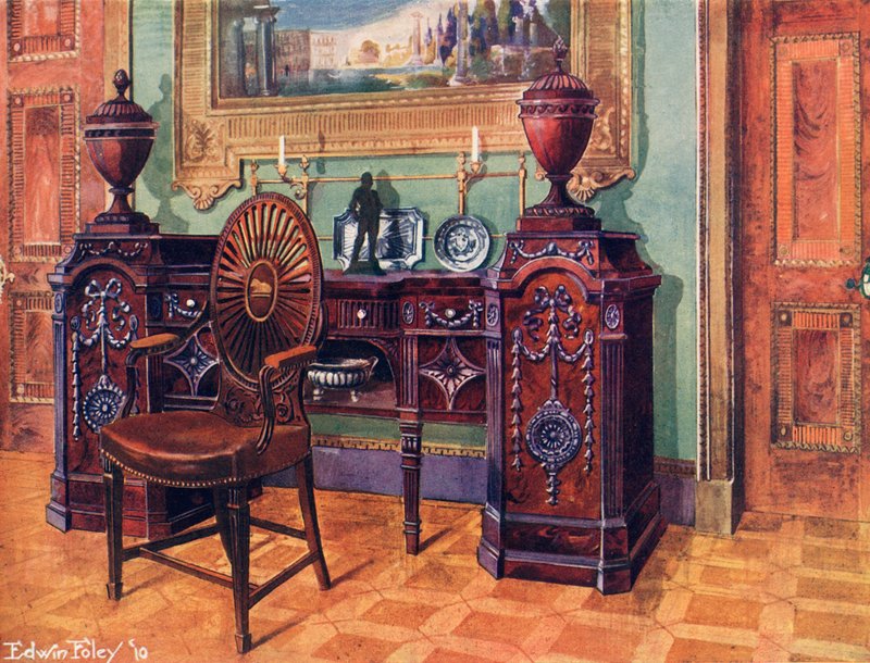 Piédestal sculpté en acajou. Chaise de maître à dossier ovale en forme de roue - Edwin John Foley