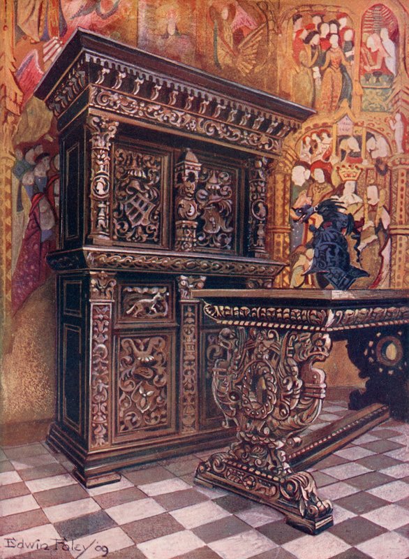 Armoire en chêne sculpté, portant le chiffre de Lambert Suavius de Liège. Table en chêne sculpté - Edwin John Foley