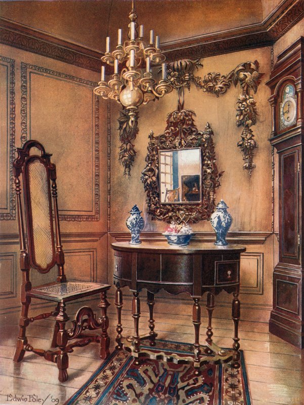 Boiseries, avec sculptures de Grinling Gibbon. Cadre de miroir, table en noyer, William et Mary. Chaise en noyer, horloge haute de Charles Wesley - Edwin John Foley