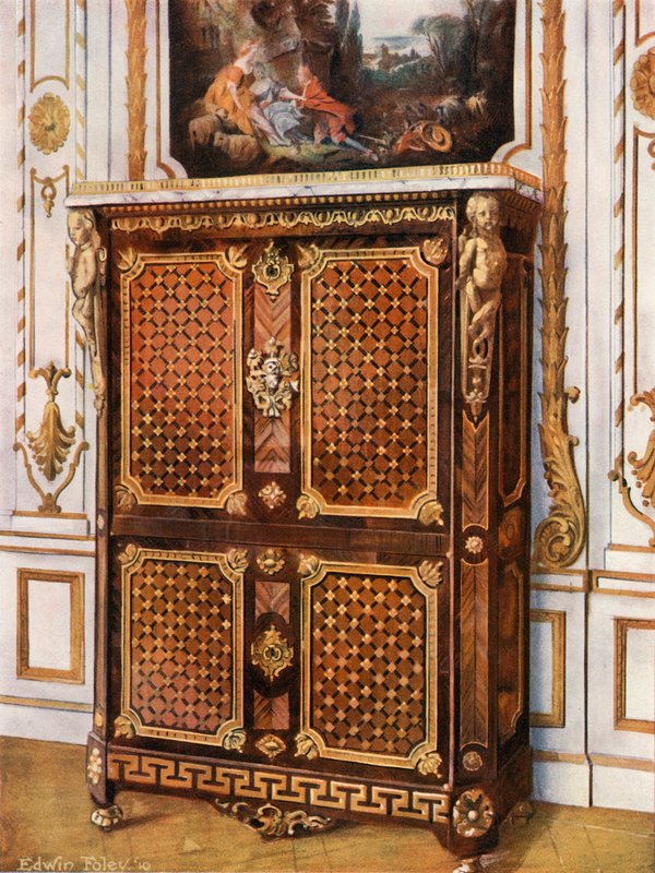 Secrétaire droit en marqueterie de divers bois, avec rosettes en bronze doré, etc. - Edwin John Foley