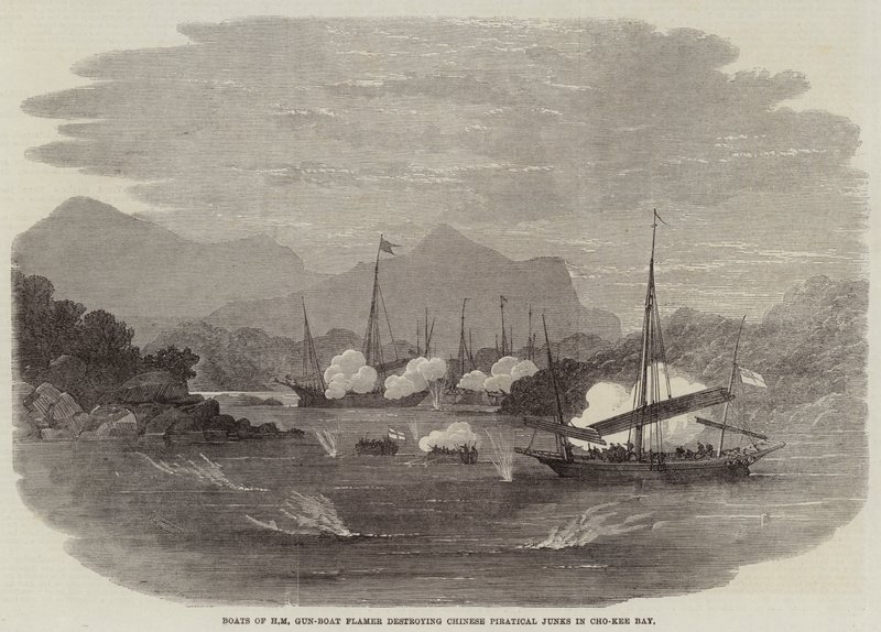 Bateaux du HM Gun-Boat Flamer détruisant des jonques pirates chinoises dans la baie de Cho-Kee - Edwin Weedon