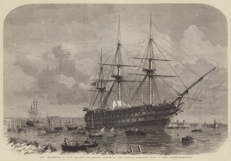 HMS Agamemnon, 91 canons, chargeant la portion anglaise du câble sous-marin atlantique à East Greenwich - Edwin Weedon